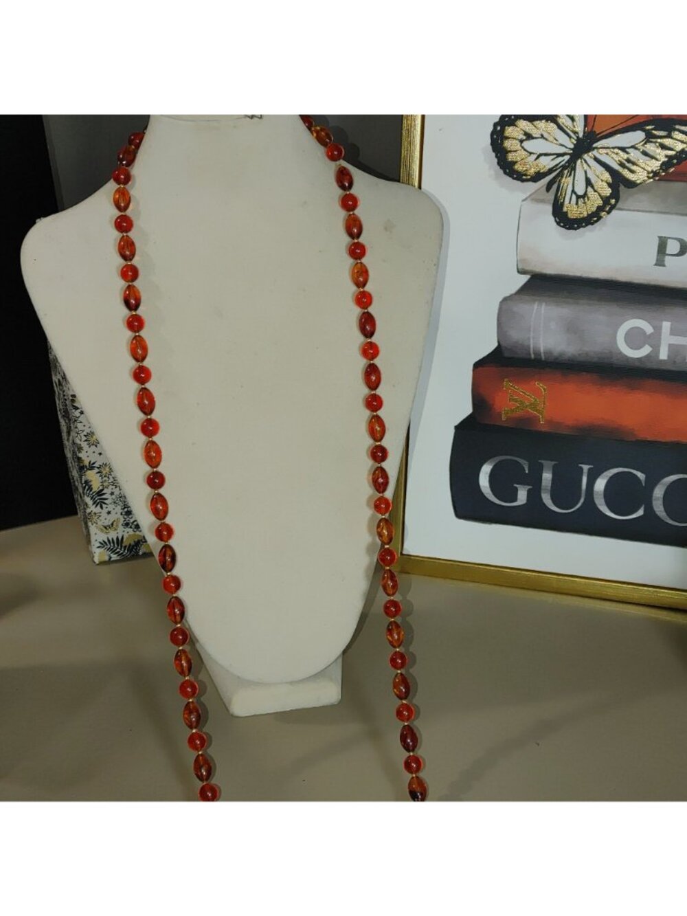 Hobe Necklace Vintage Brown Red Ambar Lucite Bead Gold Tone Accents 54 Inches - Picture 10 of 16